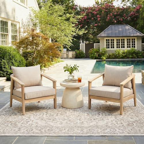 Christopher Knight Home Outdoor Wooden Club Chair Set of 2, Patio Balcony Lounge Chairs, Wicker Backrest Accent Chair, Garden Armchair Set, Acacia Wood Frame with Light White Finish, Beige Cushions | Amazon (US)