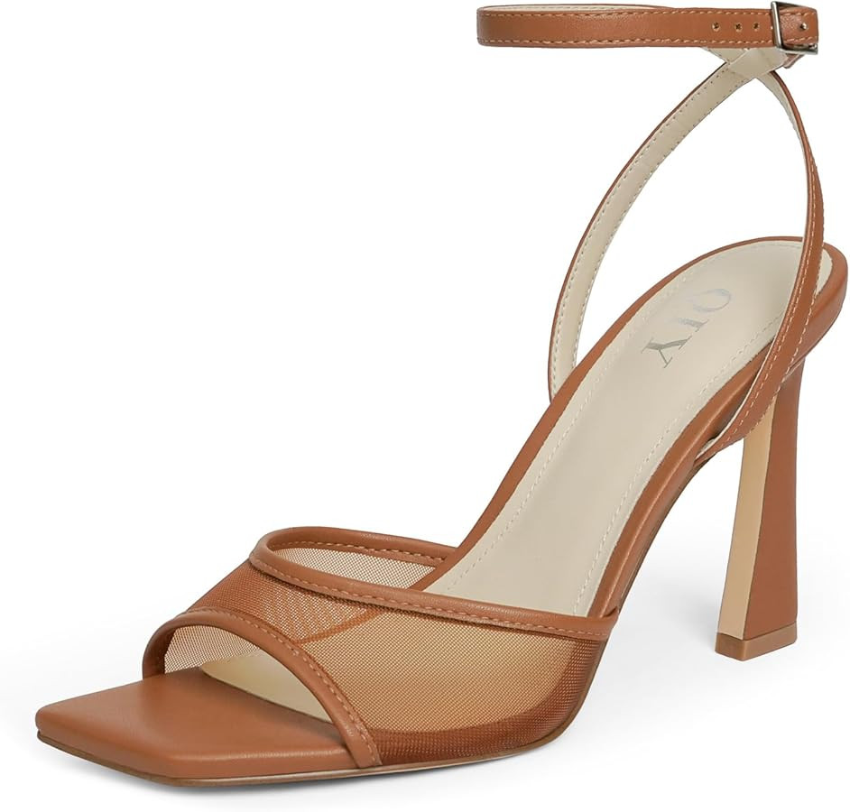 QIY Strappy Heels for Women Heeled Sandals Square Toe Heel Ankle Strap Stiletto Mesh High Heels D... | Amazon (US)