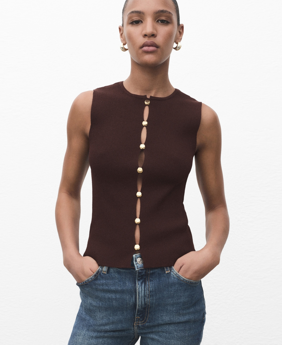Mango Women's Slits Detail Knitted Vest - Brown | Macy's