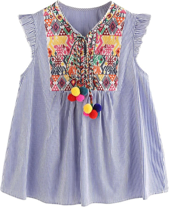 Floerns Women's Ruffle Striped Mexican Embroidered Babydoll Blouse Top | Amazon (US)