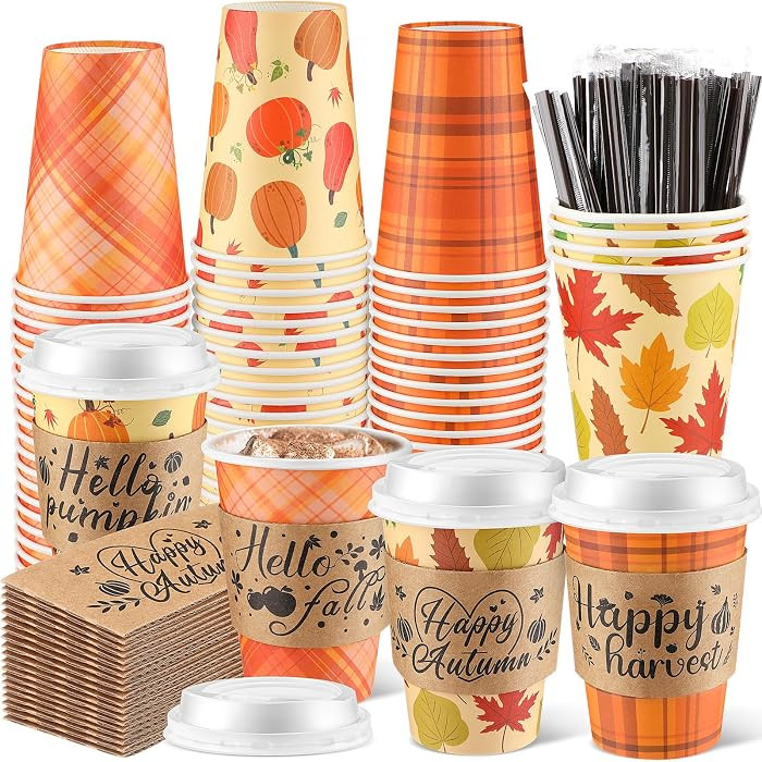 Layhit 100 Sets 12 oz Fall Thanksgiving Coffee Cups With Lids, Sleeves, and Stirring Autumn Maple... | Amazon (US)