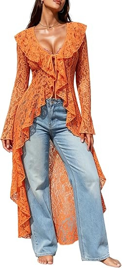 Lace Cardigan for Women Summer Floral Mesh Sheer Bell Long Sleeve Ruffled Collar Hem Tie Front Ma... | Amazon (US)
