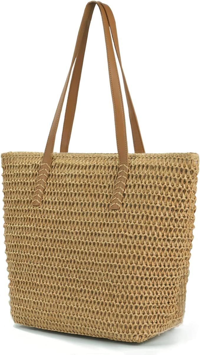 Straw Beach Bag for Women Large Straw Tote Bag with Zipper Summer Woven Bag Beach Travel Casual S... | Amazon (US)