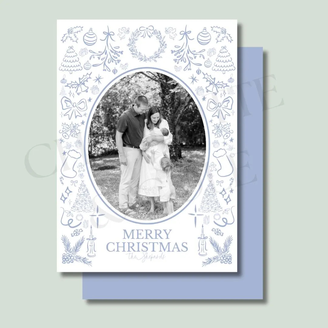 White & Blue Toile Christmas Card - Etsy | Etsy (US)