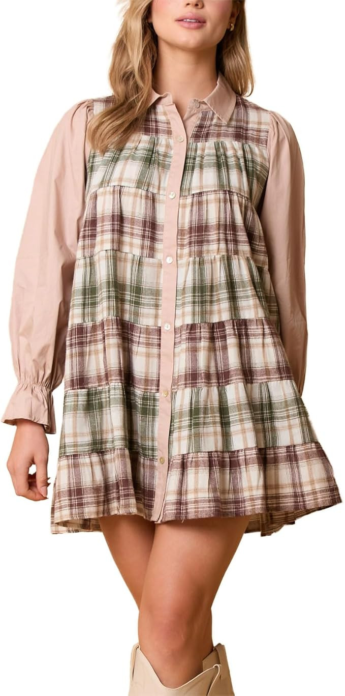 Women's Cute Babydoll Dress Y2K Plaid Puff Long Sleeve Button Down Shirt Dress Ruffle Hem Pleated... | Amazon (US)