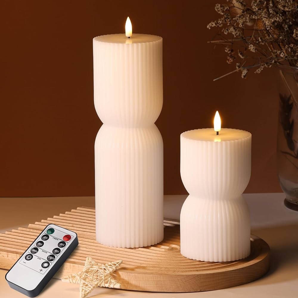 White Ribbed Flameless Pillar Candles with Remote, Real Wax Flickering Battery LED Candles Set of... | Amazon (US)