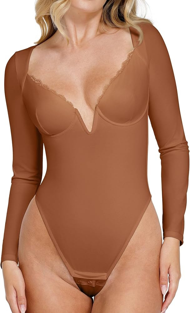 Popilush Lace Shapewear Bodysuit Long Sleeve Body suits Womens Deep V Neck Tummy Control Corset T... | Amazon (US)