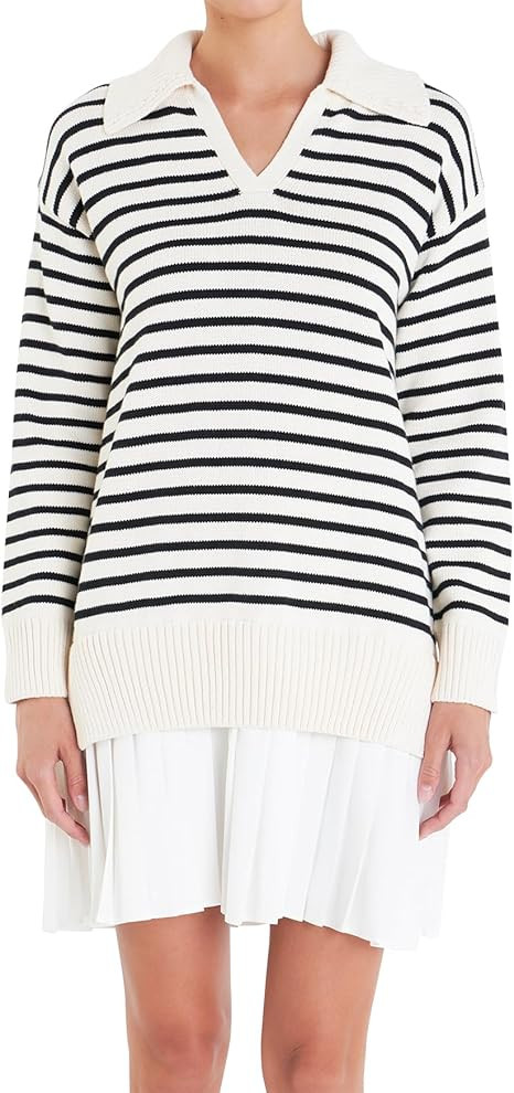 Women's Layered Sweater Dress Long Sleeve V Neck Patchwork Pullover Tops Relaxed Fit Mini Dresses | Amazon (US)