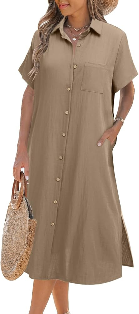 Zeagoo Womens Dress Summer Casual Short Sleeve Button Down Shirt Dress Beach Cover Up Dress with ... | Amazon (US)