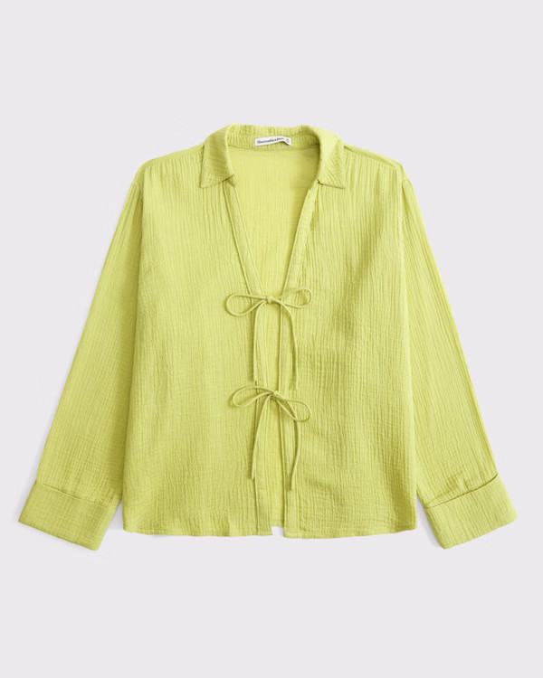 Long-Sleeve Oversized Tie-Front Gauzy Shirt | Abercrombie & Fitch (US)