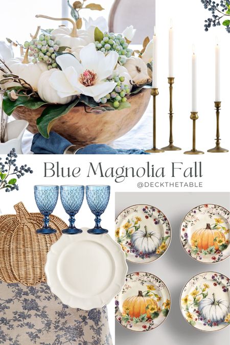 Fall Look #2: Blue Magnolia Fall Magnolia flowers paired with blueberry branches bring this blue & cream combo to life! You’ll want to have a seat & stay a while at this table. @deckthetable 
#LTKFind 

#LTKSeasonal #LTKhome