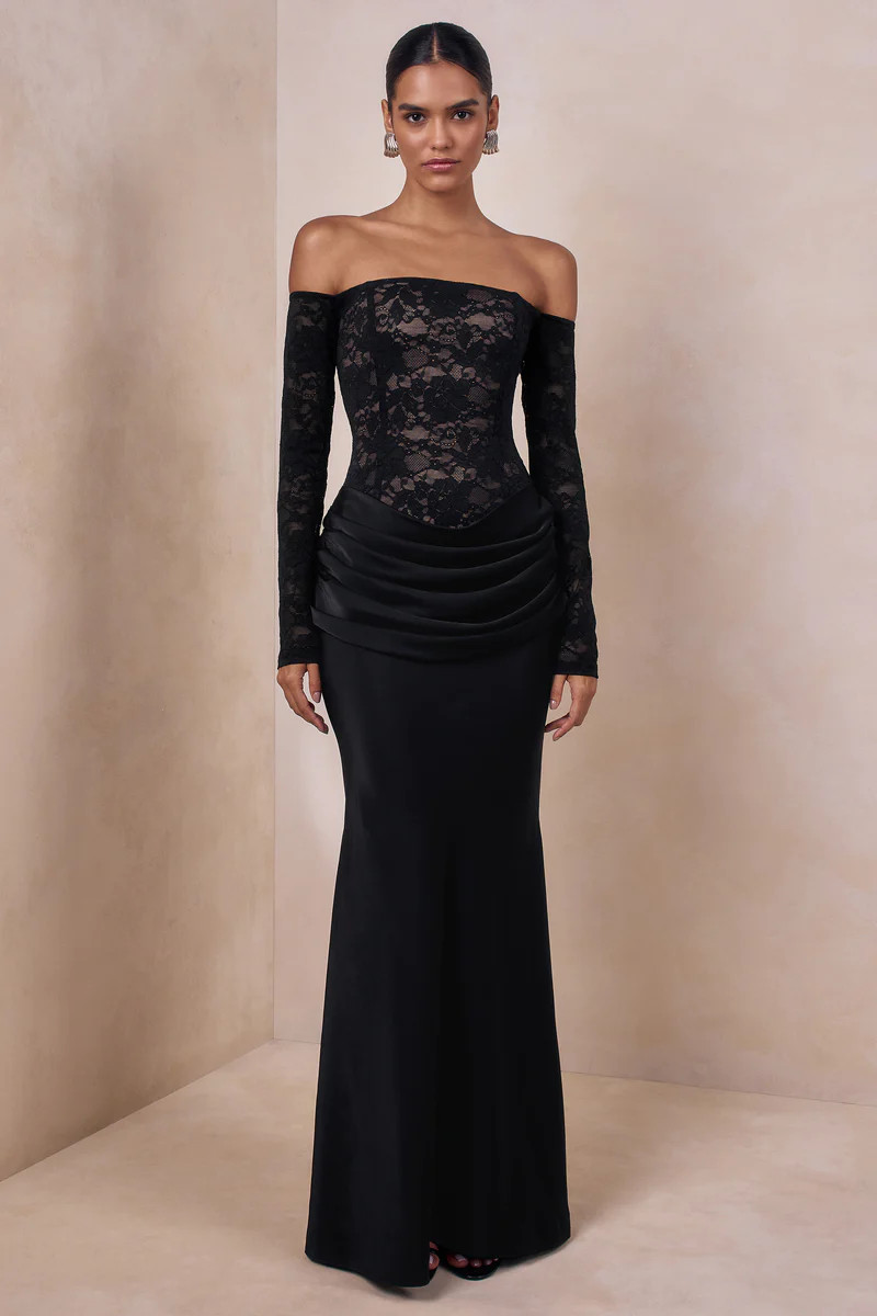 Rinna  Black Lace And Satin Bardot-Neck Maxi Dress | Club L London