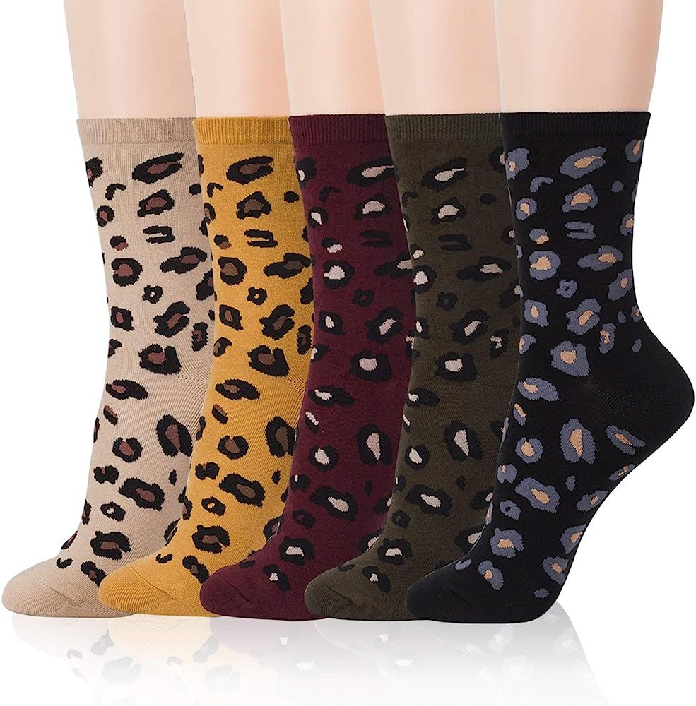 Amazon.com: kikiya socks 5 Pairs of Women's Graphic Design Crew Socks Leopard Pattern | Animal So... | Amazon (US)