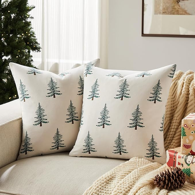 100% Cotton Christmas Pillow Covers Set of 2, 20x20 Inch Christmas Green, Winter Tree Print Decor... | Amazon (US)