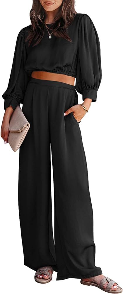 PRETTYGARDEN Women's 2 Piece Satin Outfits Casual Puff Sleeve Crop Tops and Long Palazzo Pants | Amazon (US)