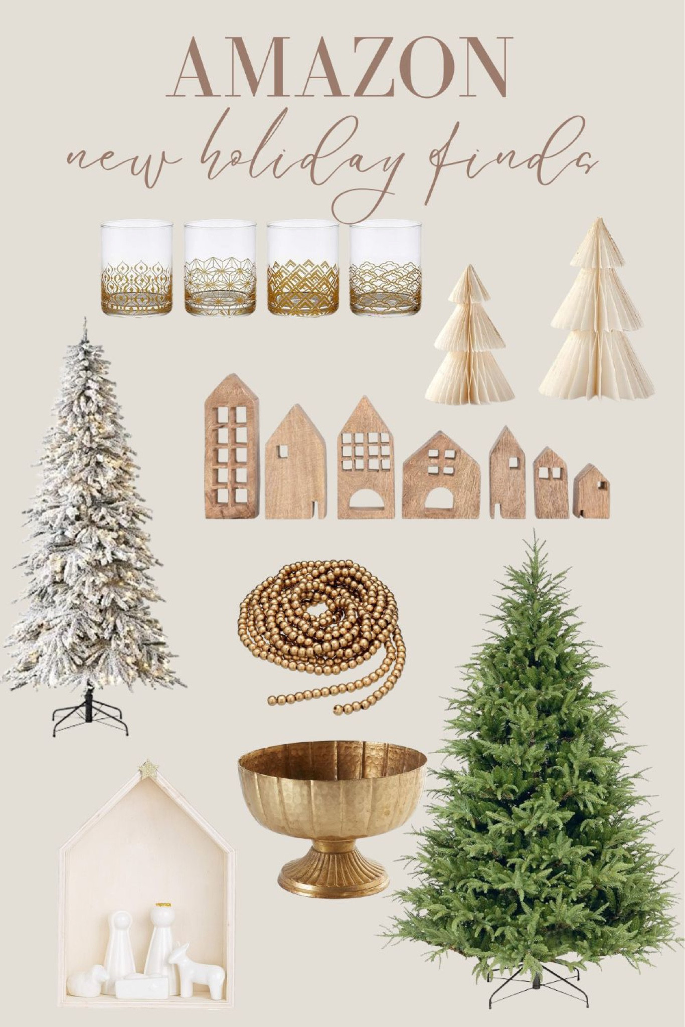 Neutral holiday finds from Amazon! Gold glasses. Paper trees. Gold bowl. Wood Nativity. Gold beads  

#LTKHoliday #LTKSeasonal #LTKhome