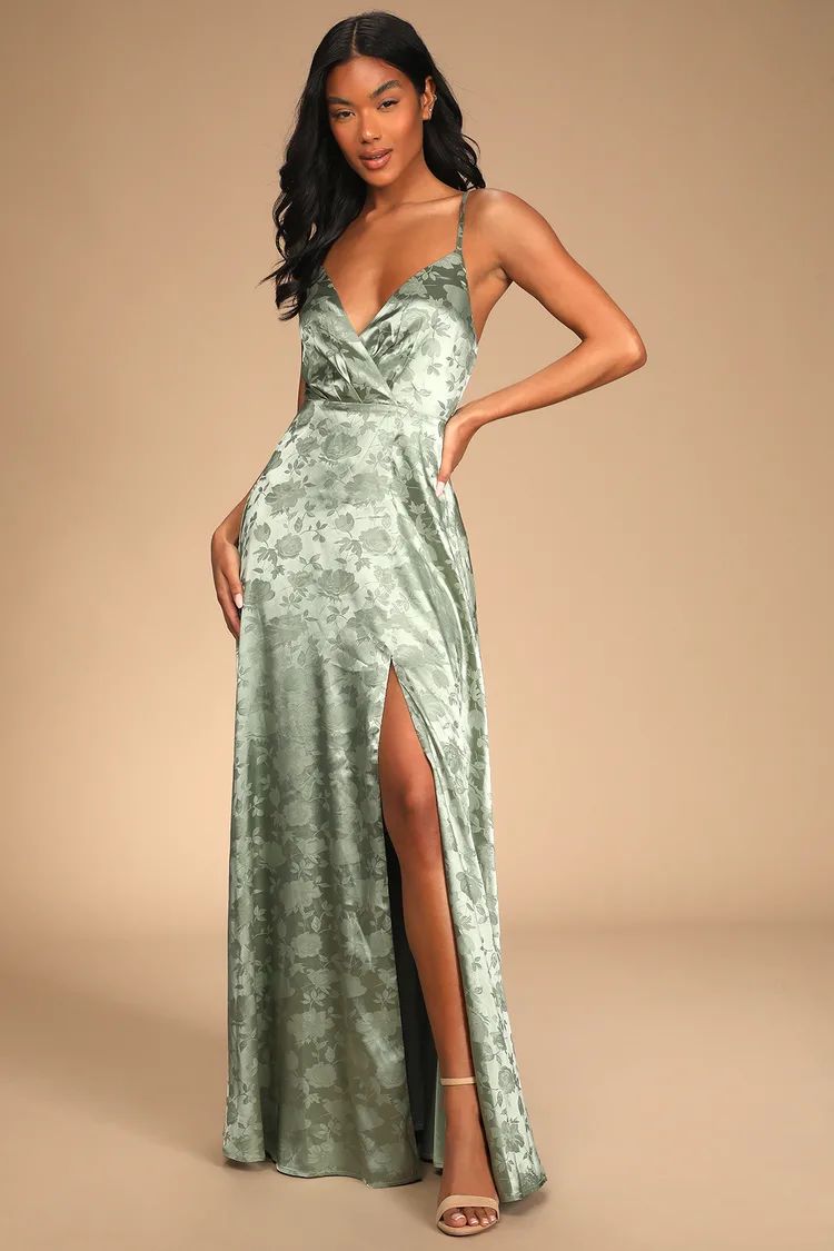 Forever Exquisite Sage Green Satin Surplice Maxi Dress | Lulus (US)