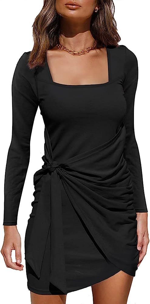 MIHOLL Women Long Sleeve Dresses Square Neck Tie Waist Ruched Bodycon Mini Dress | Amazon (US)