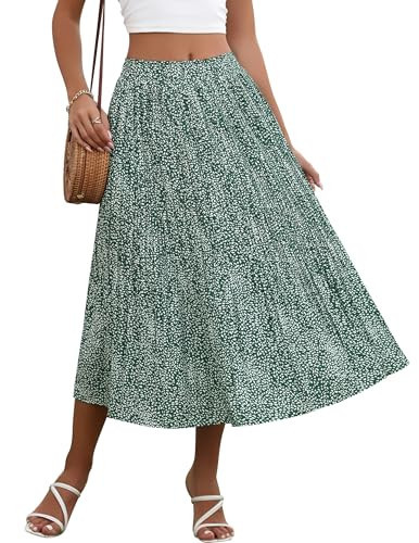 Zeagoo Womens Summer Skirt High Waist Boho Floral Pleated Midi Skirt Casual Flowy Swing A Line Beach Maxi Skirts Green M | Amazon (US)