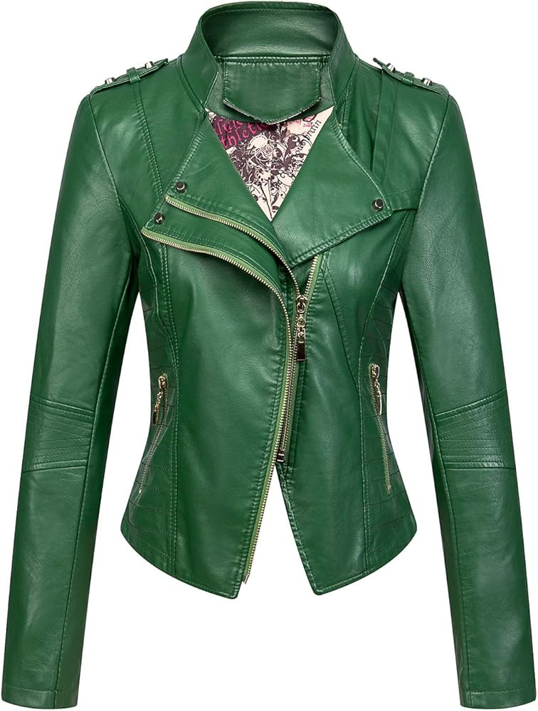 chouyatou Women's Candy Color Asymmetric Zip Slim Faux Leather Cropped Moto Jacket | Amazon (US)