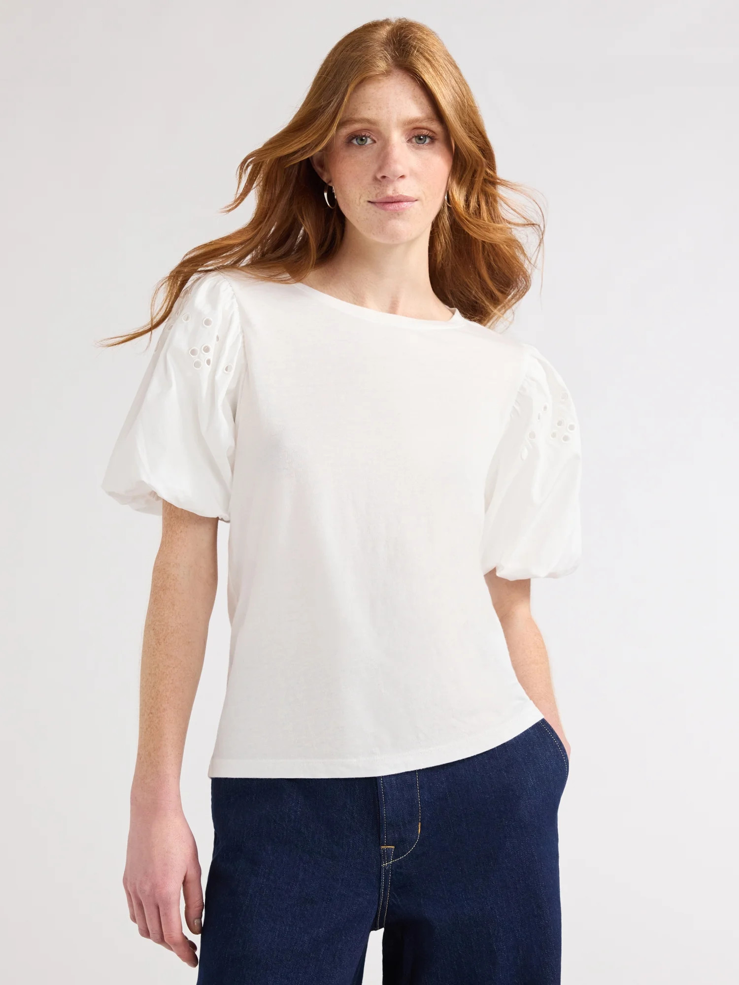 Free Assembly Women's T-Shirt with Embroidered Eyelet Sleeves, Sizes XS-XXL | Walmart (US)
