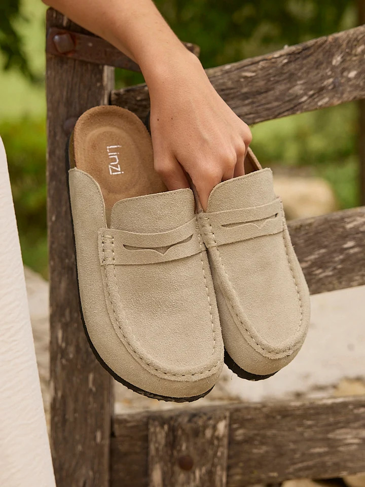 Poet Beige Real Suede Leather Mule Loafers | Linzi Shoes
