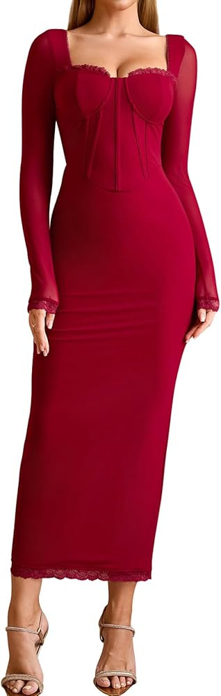 KUTUMAI Corset Lace Long Sleeve Formal Dress Back Slit Bodycon Fall Cocktail Wedding Guest Dresse... | Amazon (US)