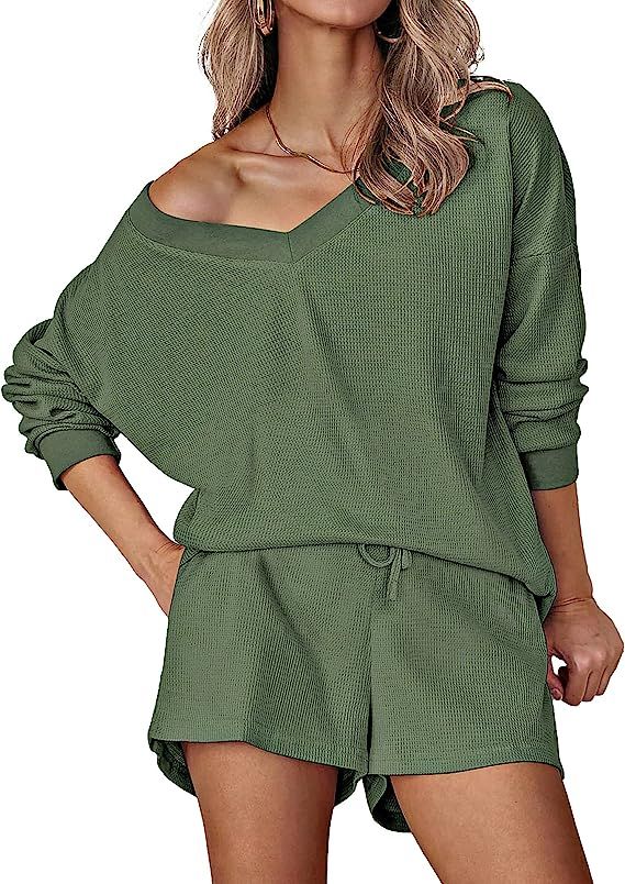 Ekouaer Womens Off Shoulder Lounge Set V Neck Waffle Knit Pajama Sets Long Sleeve Top and Shorts ... | Amazon (US)