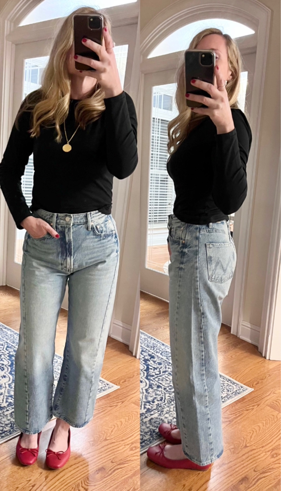 Easy and cute casual outfit! I’ve been living in these jeans! 

Mother denim, wide leg jeans, casual outfit, red flats, red shoes, classic outfit 

#LTKHoliday #LTKstyletip #LTKCyberWeek