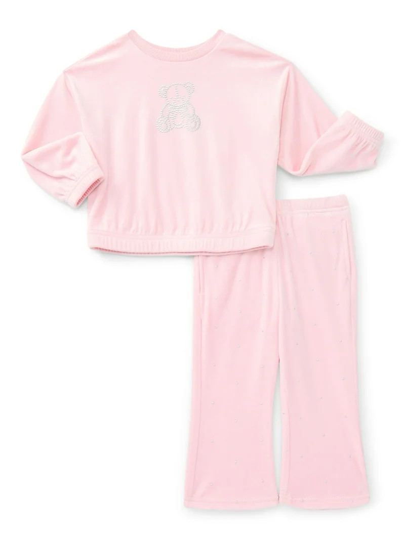 Wonder Nation Toddler Girls Embellished Velour Sweatshirt and Flare Pants Set, 2-Piece, Sizes 12M... | Walmart (US)