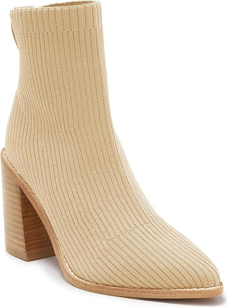 Coutgo Women's Sock Ankle Boots Pointed Toe Chunky High Stacked Heel Pull On Ribbed Knit Chelsea ... | Amazon (US)
