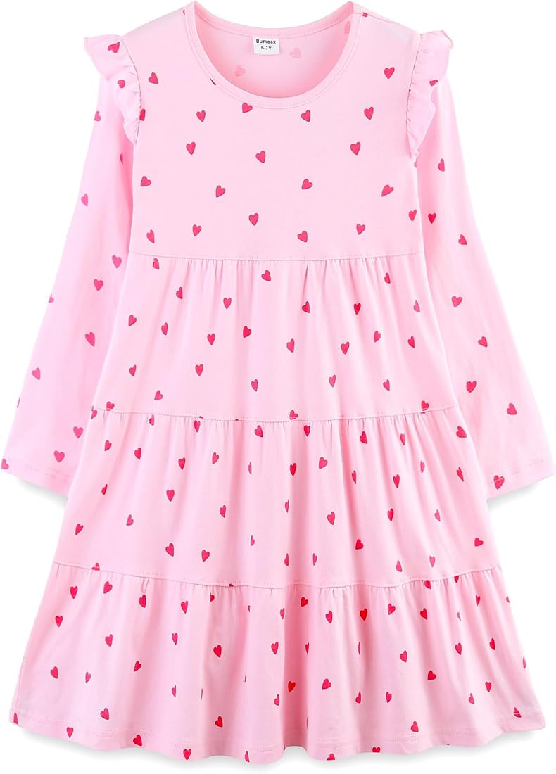 Bumeex Girl's Dresses Cotton Ruffle Sleeve Tiered Swing A-Line Cute Midi Casual Sundress | Amazon (US)