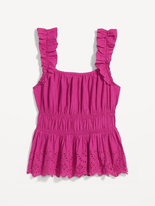 Sleeveless Waist-Defined Ruffle-Trimmed Embroidered Babydoll Blouse for Women | Old Navy (US)