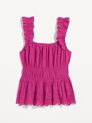 Sleeveless Waist-Defined Ruffle-Trimmed Embroidered Babydoll Blouse for Women | Old Navy (US)