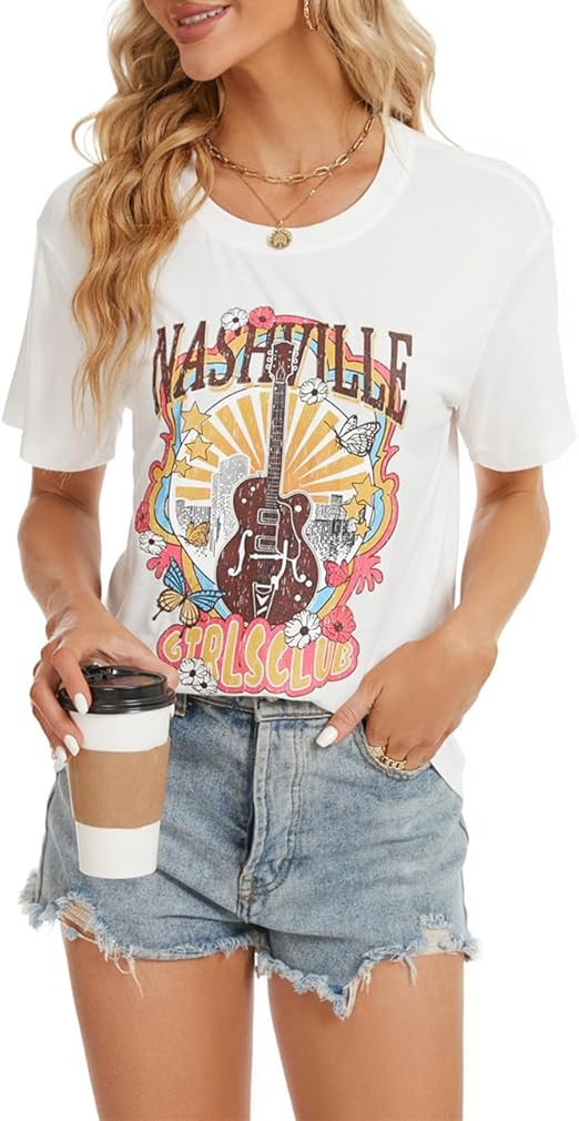 Women’s Country Music T Shirts Nashville Concert Outfits Vintage Rock Band Graphic Tee Tops for... | Amazon (US)