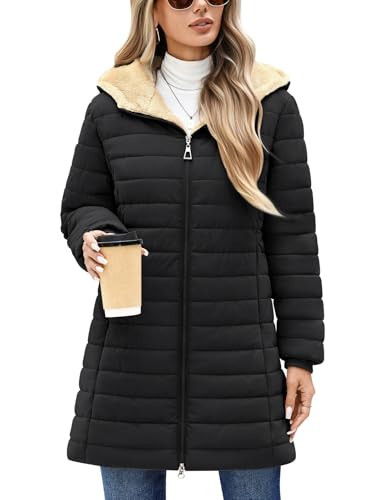 NRZD Women's Puffer Jacket with Hood, Lightweight Winter Quilted Jacket Outwear Down Coat Long Sleeve with Fleece Lining(Black,M) | Amazon (US)