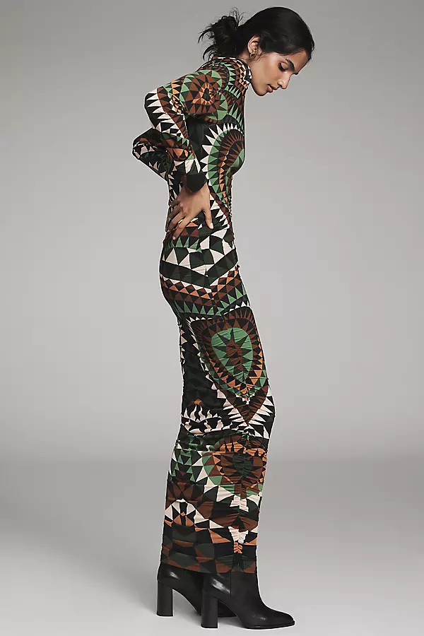 Farm Rio Deco Jersey Long-Sleeve Mock-Neck Midi Dress | Anthropologie (US)