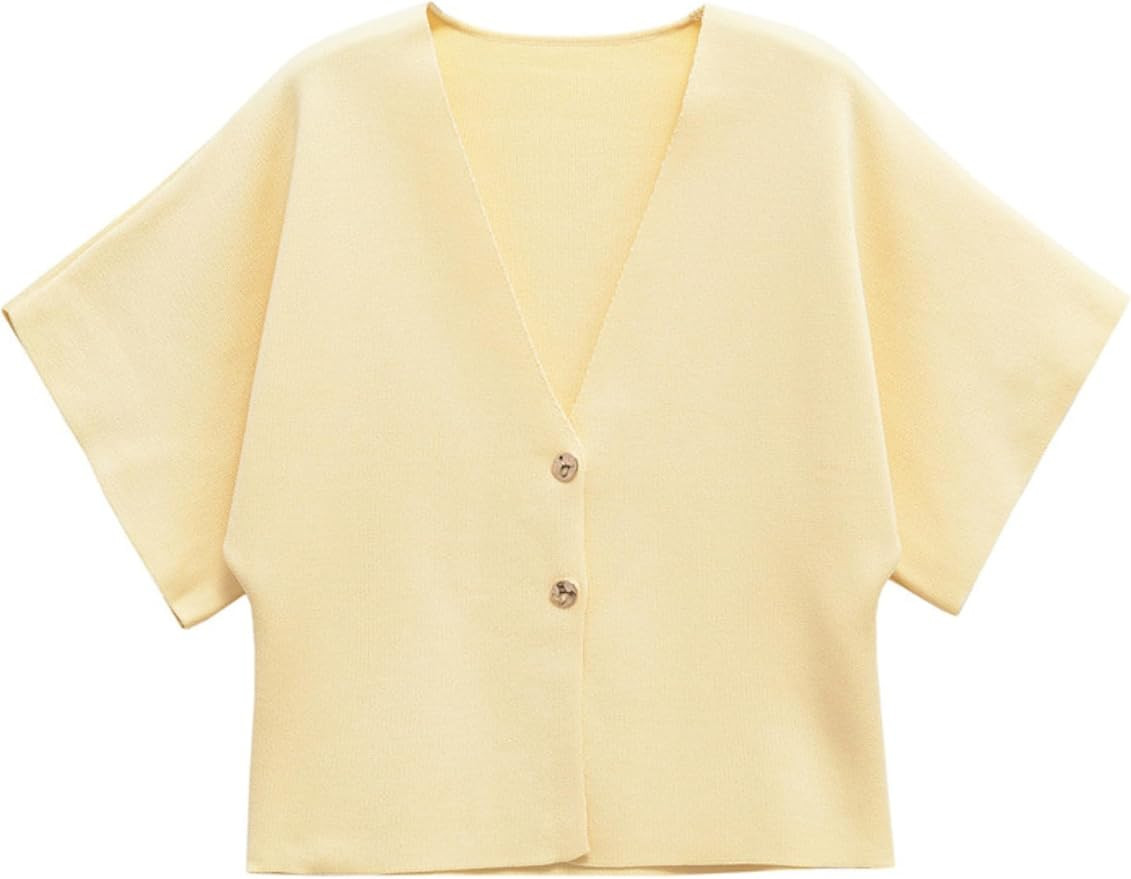 Womens Oversized Cardigans Short Sleeve Lightweight Button V Neck Casual Knit Sweater Outerwear | Amazon (US)