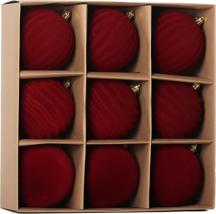 Senjie 3.94 inch Burgundy Velvet Christmas Ornaments Balls Flocked Christmas Tree 9PCS Plastic Ba... | Amazon (US)
