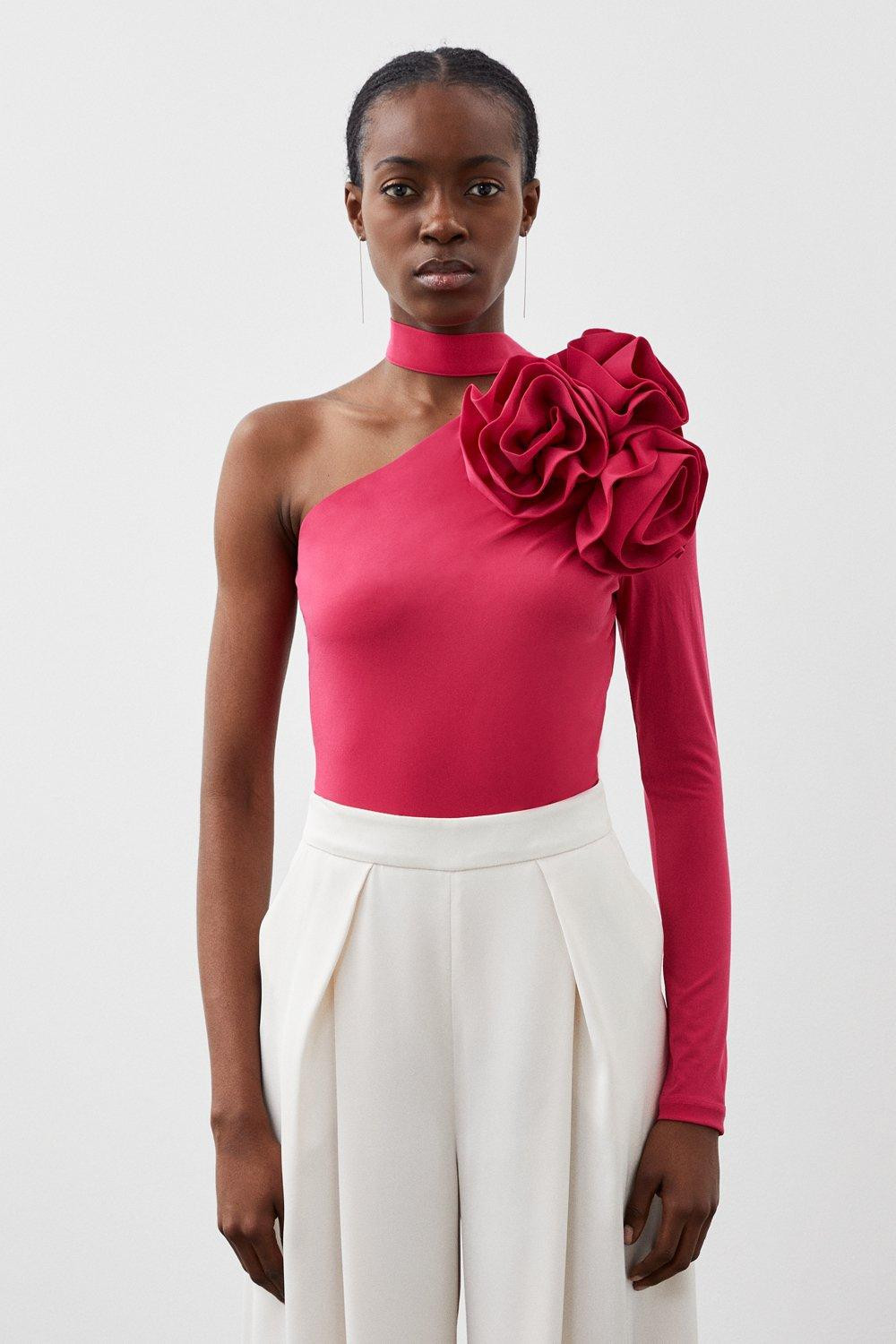 One Shoulder Drapey Ruched Jersey Rosette Bodysuit | Karen Millen US