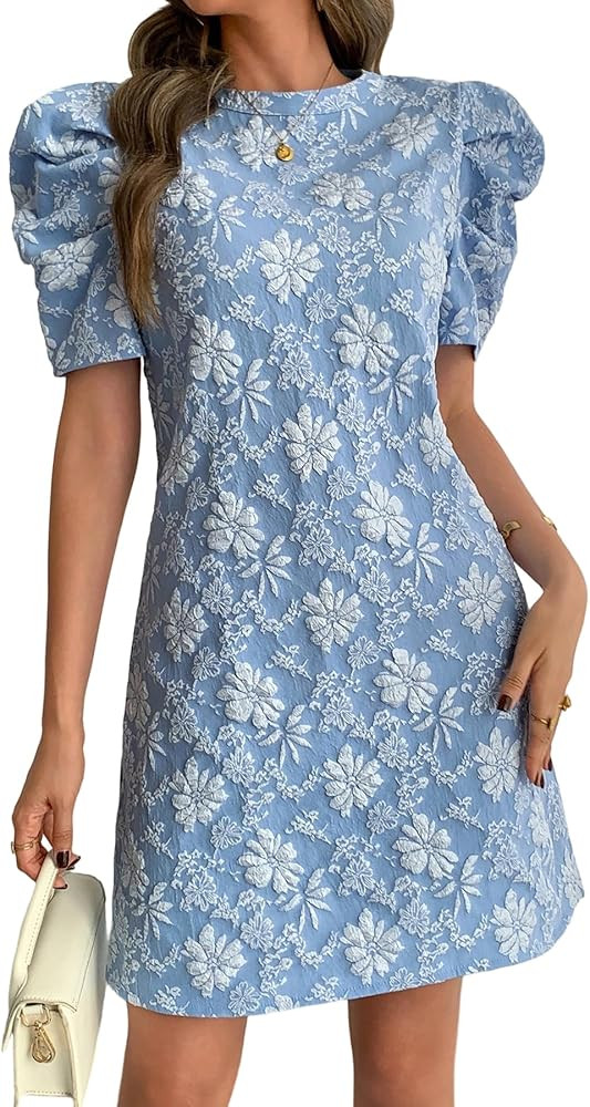 Women's Crew Neck Puff Sleeve Floral Jacquard Shift Dress, Sky Blue 3D Floral Embossed Loose Mini... | Amazon (US)