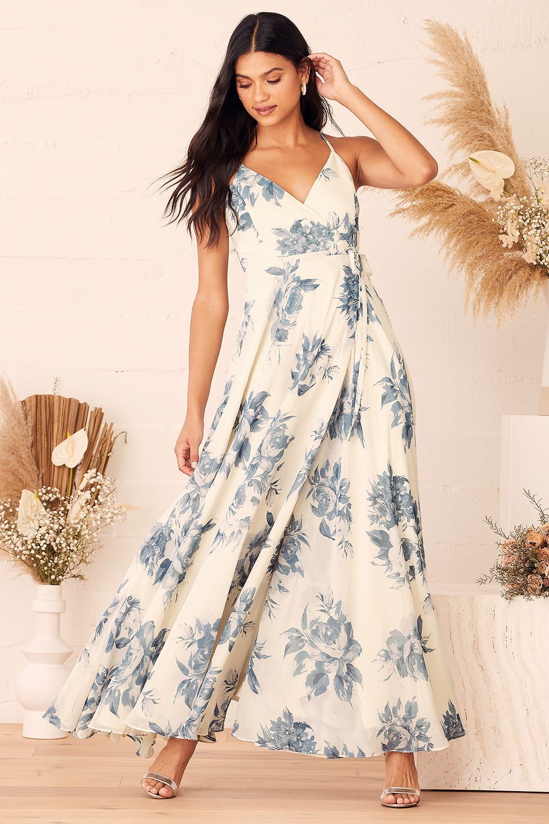 Elegantly Inclined Cream and Blue Floral Print Wrap Maxi Dress | Lulus (US)
