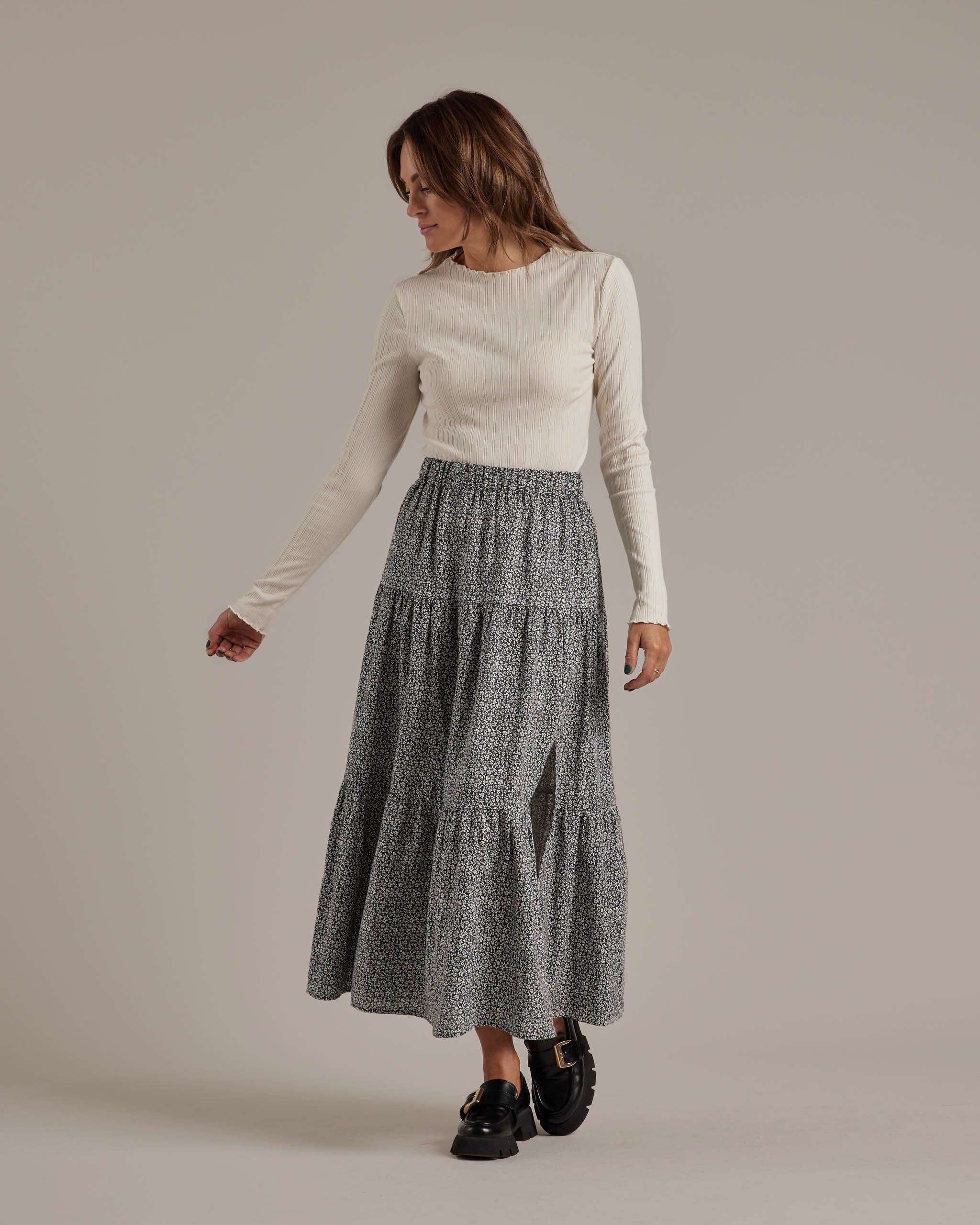 tiered midi skirt | blue floral | Rylee + Cru