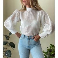 1970's Ballon Sleeve Eyelet Semi Sheer Mock Neck Blouse Sz Small | Etsy (US)