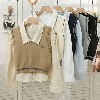 Set: Knit Crop Vest + Puff-Sleeve Loose Shirt | YesStyle Global
