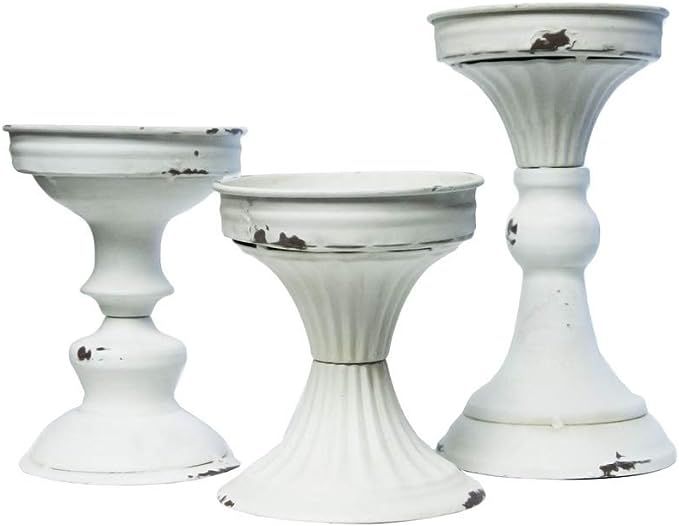 Set of 3 Metal Candle Holder Antique White Distressed Assorted Sized Pillar Holders | Amazon (US)