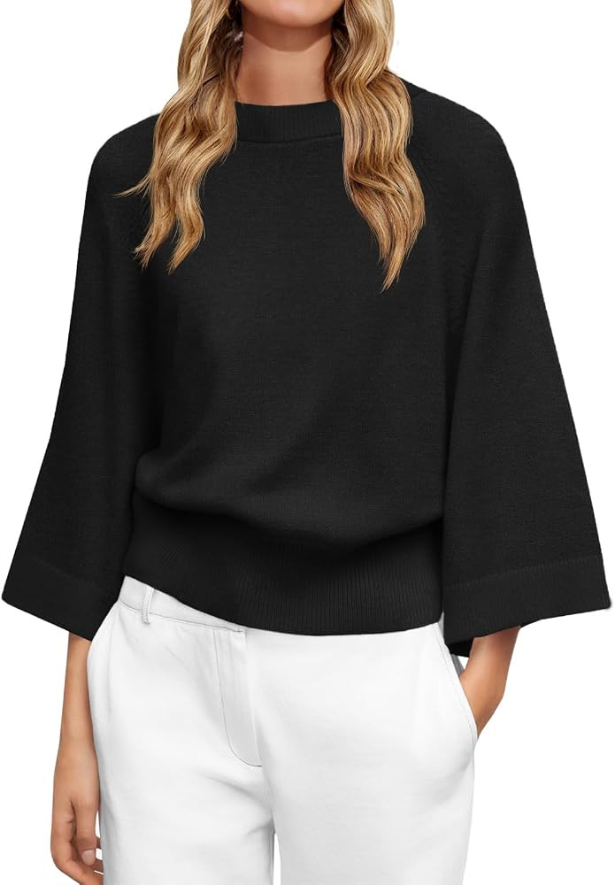 Saodimallsu Womens Crew Neck Batwing Sweaters 3/4 Sleeve Soft Knit Dressy Casual Loose Fit Fall S... | Amazon (US)