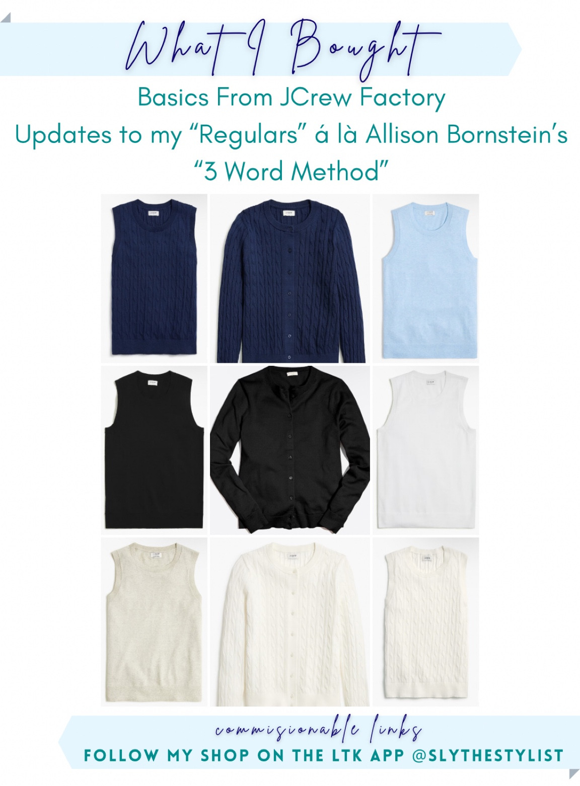 50% off almost everything at JCrew Factory! (Stackable with 15% off for teachers) Went in store to try on, and these are the pieces that came home with me.

100% cotton sweater shells and cardigan sweaters. Plain and cable knit versions in my favorite “basic” colors — navy, ice blue, white, cream, grey, black. Updated basics to elevate my wardrobe according to my 3 words from Allison Bornstein’s Three Word Method.

#LTKfindsunder50 #LTKstyletip #LTKsalealert
