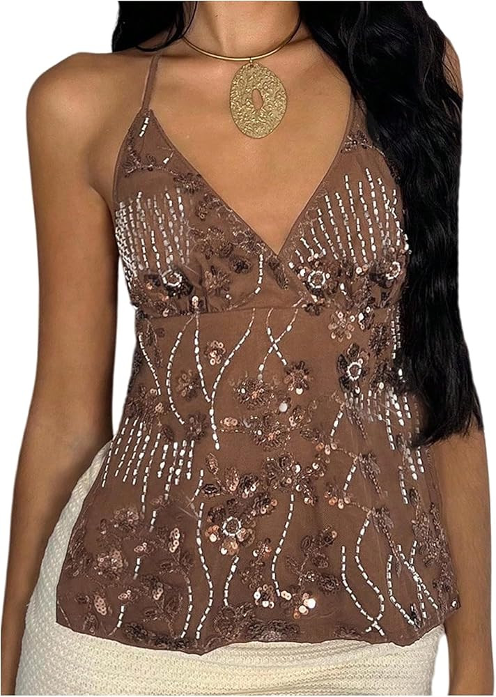 SweatyRocks Women's Sequin Tops Mesh Floral Embroidery Y2K Halter Top | Amazon (US)
