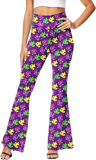 AOBUTE Womens Mardi Gras Bell Bottoms Purple Green Yellow High Waist Flare Pants | Amazon (US)